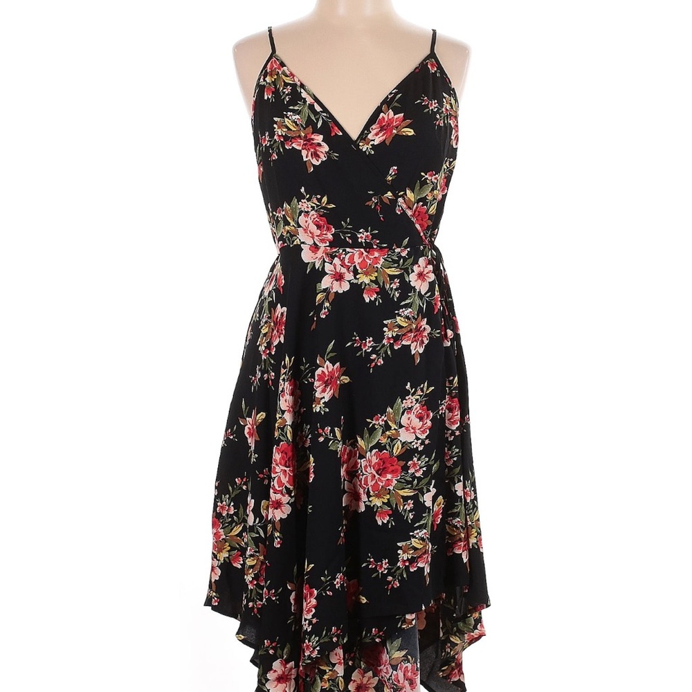 Xhilaration Black and Pink Floral Wrap Dress